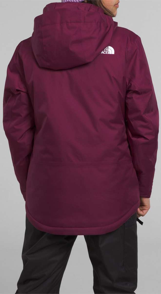 North Face Girls Freedom Insulated Jacket 2024 - A dark-colored, long-sleeved jacket with a hood and white logo on the upper back.