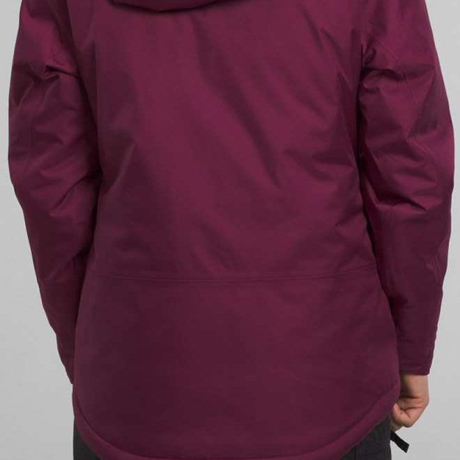 North Face Girls Freedom Insulated Jacket 2024 - A dark-colored, long-sleeved jacket with a hood and white logo on the upper back.