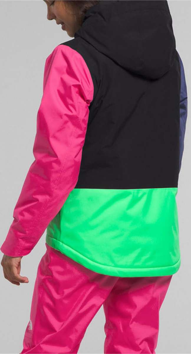 North Face Girls Freedom Insulated Jacket 2024 - A black, pink, and green jacket with a hood on a model wearing it from behind.