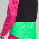 North Face Girls Freedom Insulated Jacket 2024 - A black, pink, and green jacket with a hood on a model wearing it from behind.