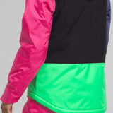 North Face Girls Freedom Insulated Jacket 2024 - A black, pink, and green jacket with a hood on a model wearing it from behind.