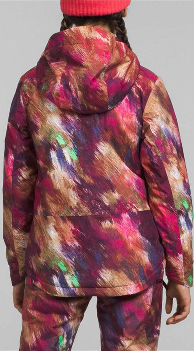 North Face Girls Freedom Insulated Jacket 2024 - A multicolored jacket with a hood, featuring a mix of pink, purple, and green hues.