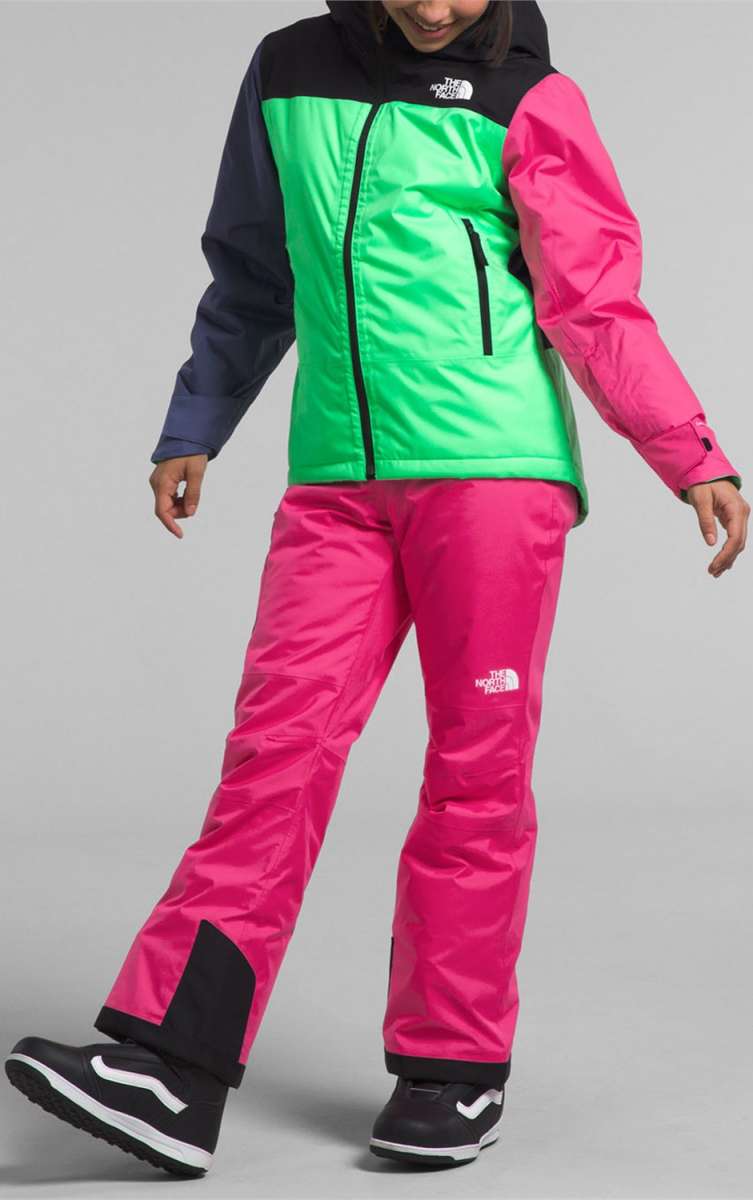 North Face Girls Freedom Insulated Jacket 2024 - A green, black and pink jacket with a white logo on the chest.