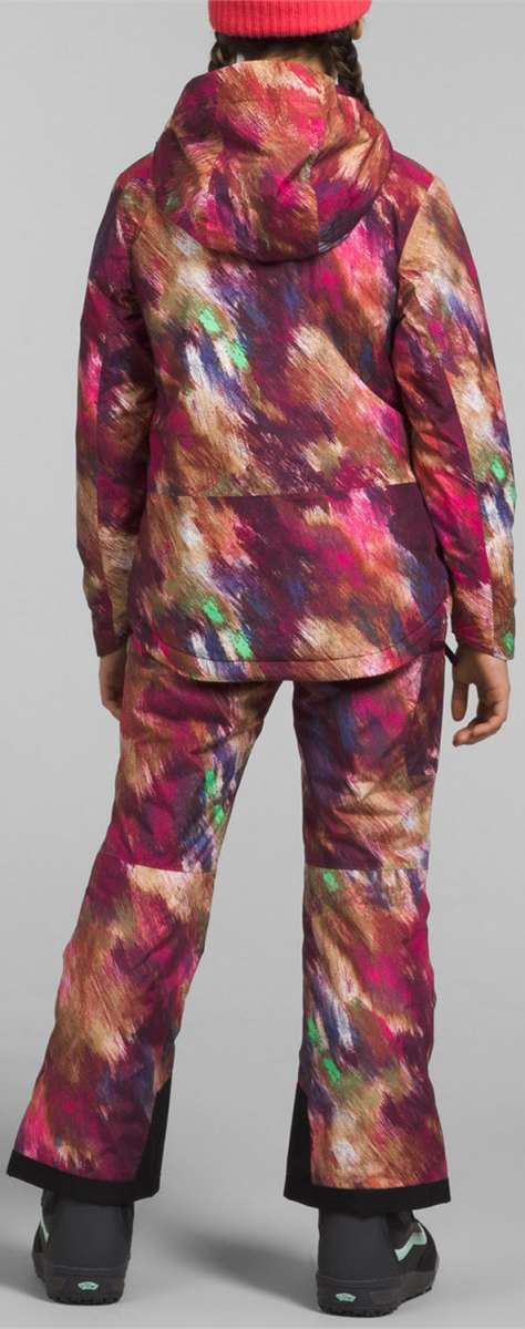 North Face Girls Freedom Insulated Jacket 2024 - A multicolored jacket with a hood, featuring a pink and purple abstract pattern on a light brown background.