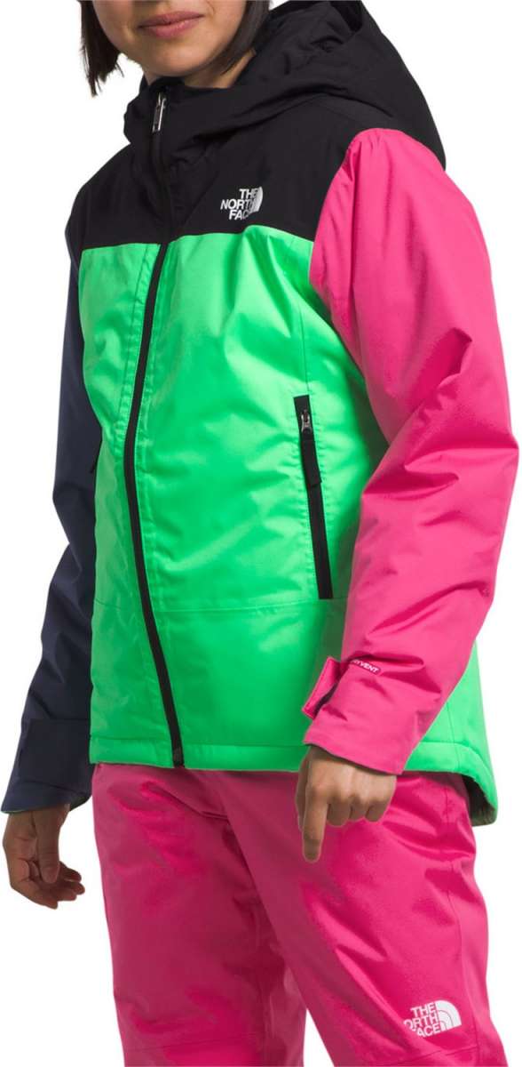 North Face Girls Freedom Insulated Jacket 2024 - A black, green and pink jacket with a white logo on the chest.