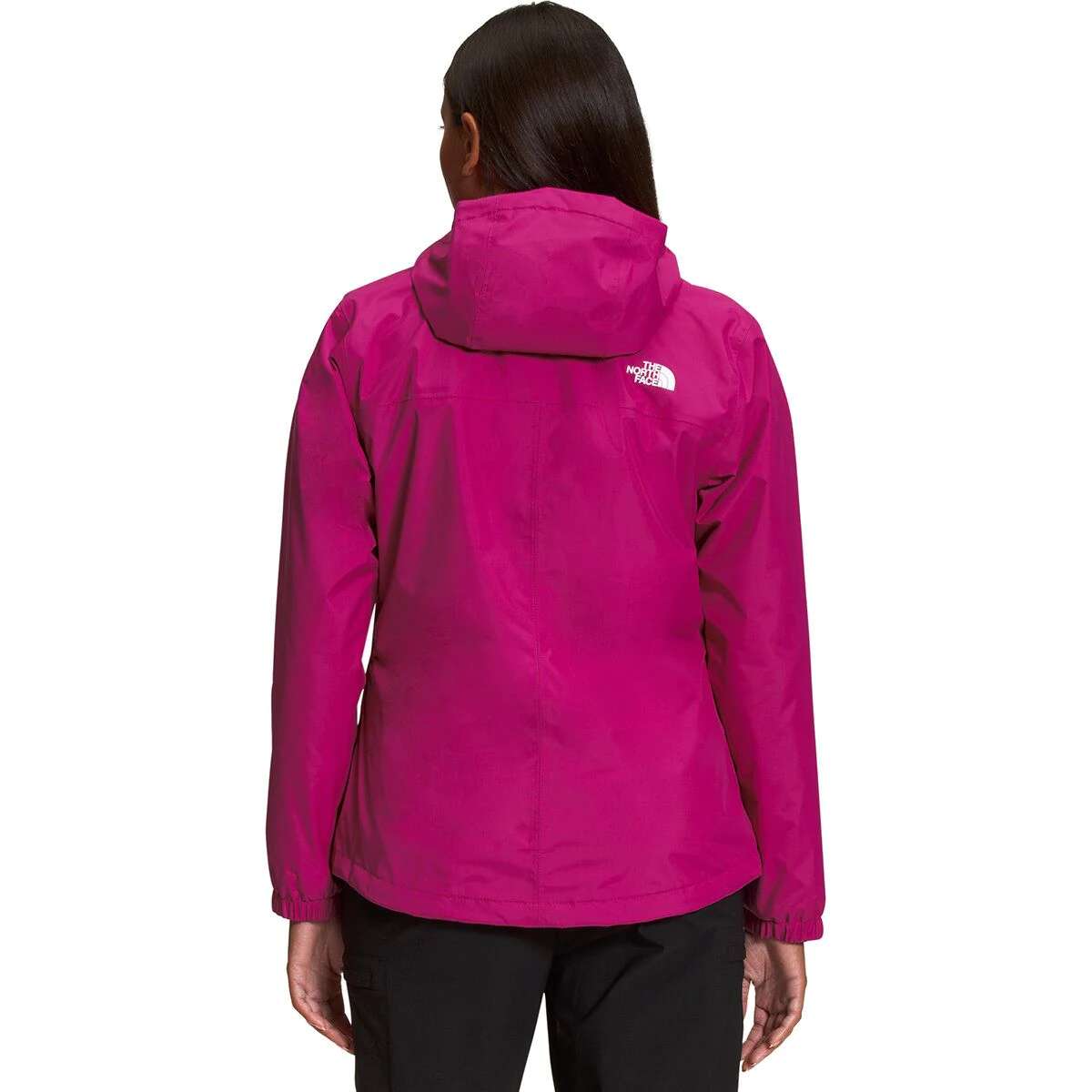 North Face Women's Antora Triclimate Shell Jacket - A pink jacket with a white logo on the upper right side, worn by a model facing away from the camera.