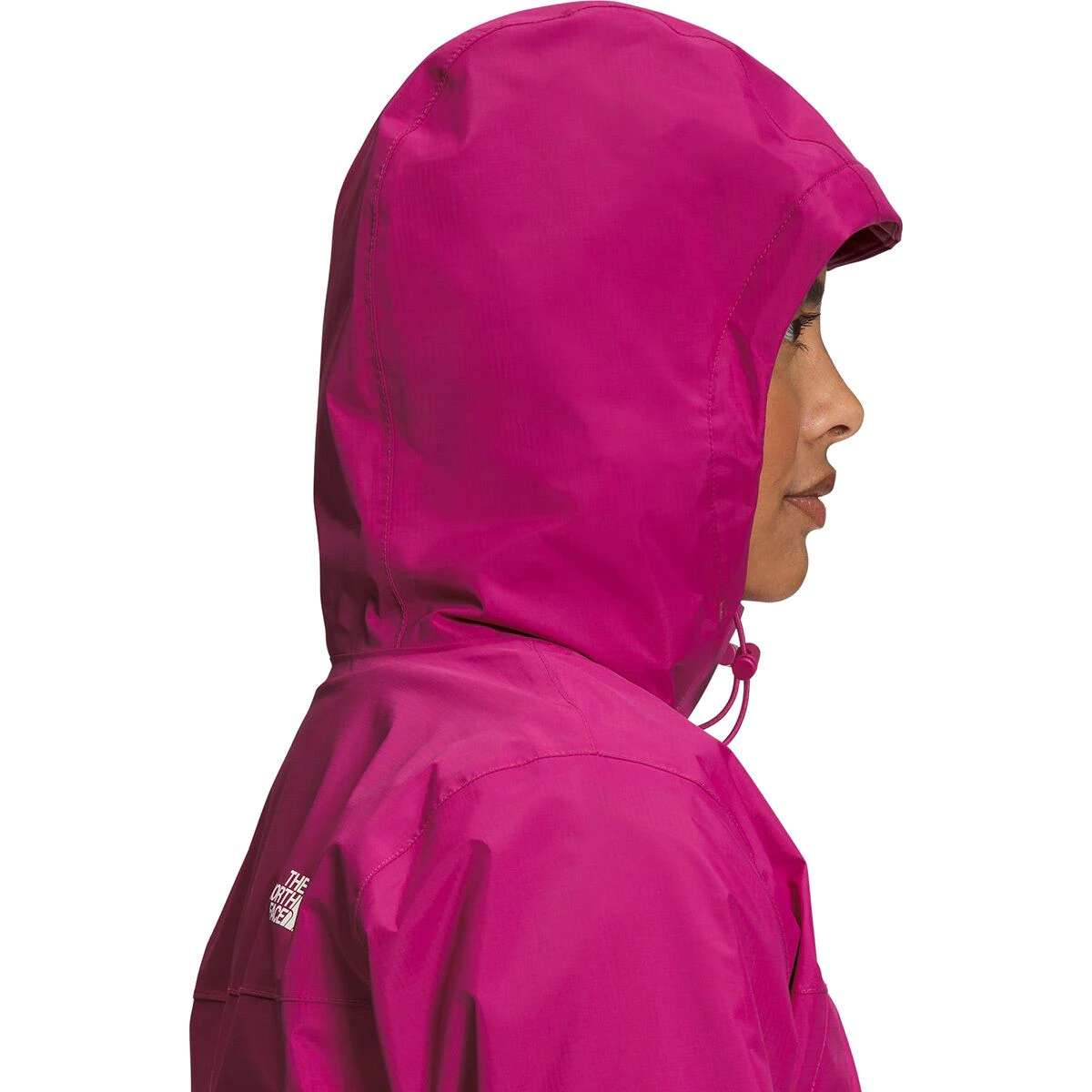 North Face Women's Antora Triclimate Shell Jacket - A pink jacket with a hood, featuring a white logo on the left sleeve and a zipper closure.