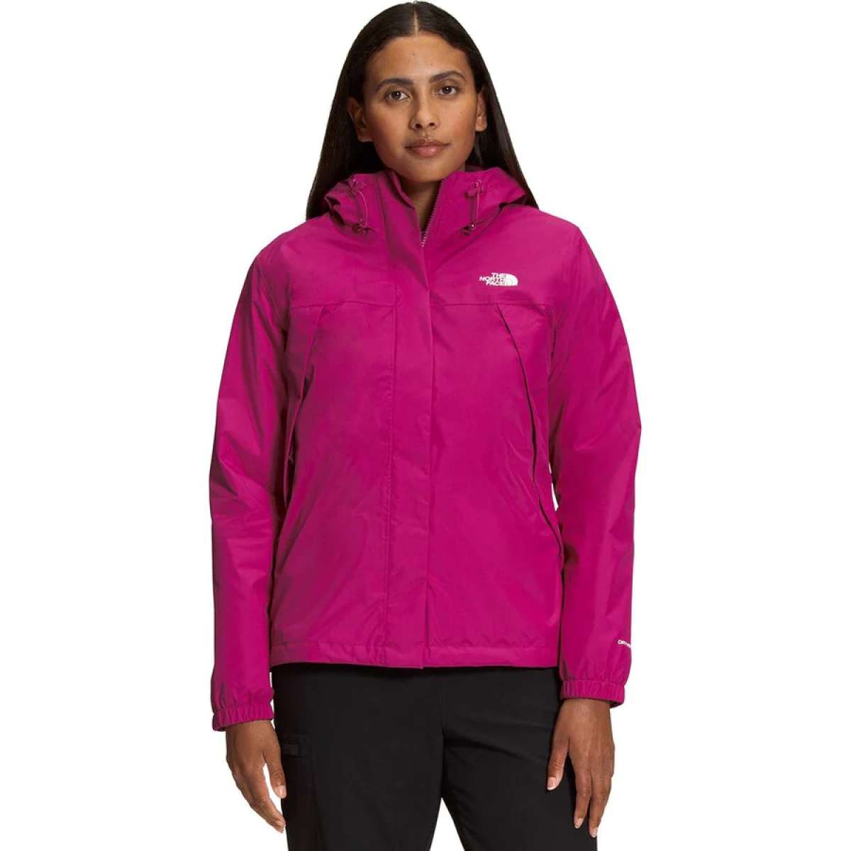 North Face Women's Antora Triclimate Shell Jacket - A pink jacket with a white logo on the left chest and a zipper closure.