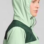 North Face Ladies Antora Triclimate Shell Jacket 2024 - A light green jacket with a darker green panel across the chest and shoulder area.