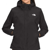 North Face Ladies Antora Triclimate Shell Jacket 2024 - A black jacket with a white logo on the left chest and two zippered pockets on either side of the waist.