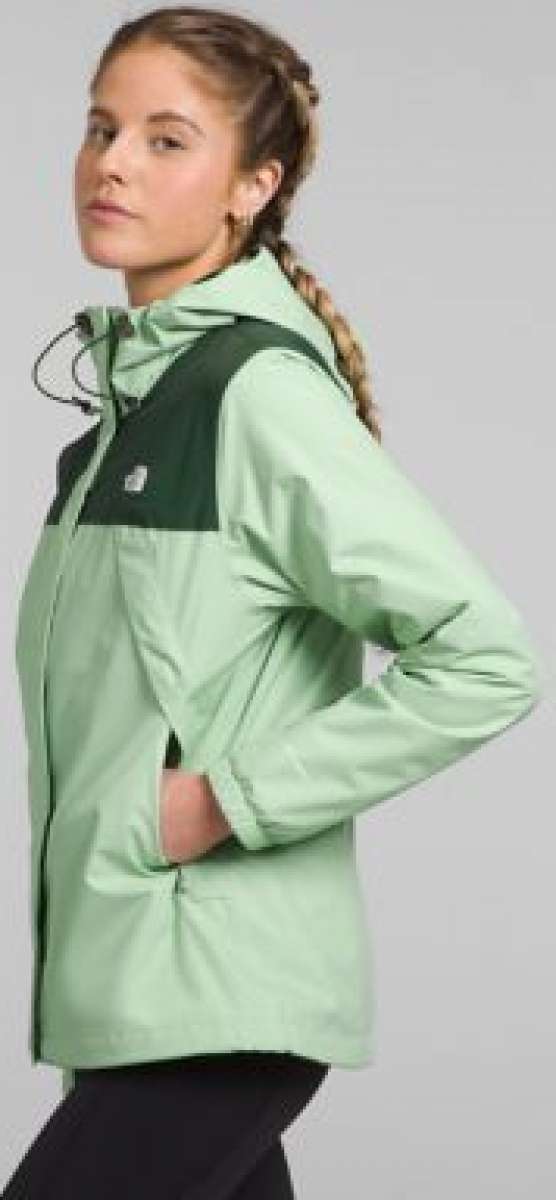North Face Ladies Antora Triclimate Shell Jacket - A light green jacket with a darker green panel on the chest and shoulder area, featuring a hood and zipper closure.