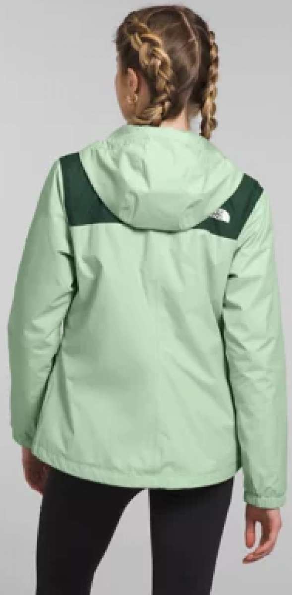 North Face Ladies Antora Triclimate Shell Jacket 2024 - A light green jacket with a darker green stripe across the shoulders and hood.
