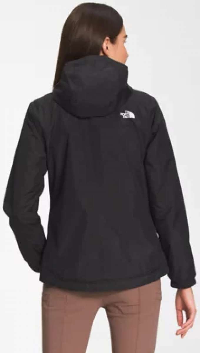 North Face Ladies Antora Triclimate Shell Jacket 2024 - A black jacket with a white logo on the upper back, featuring a hood and zippered pockets.