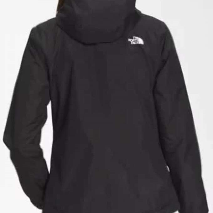 North Face Ladies Antora Triclimate Shell Jacket 2024 - A black jacket with a white logo on the upper back, featuring a hood and zippered pockets.