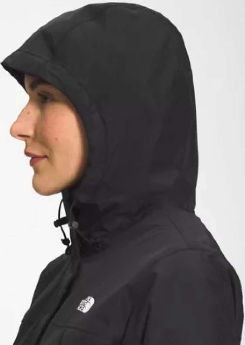 North Face Ladies Antora Triclimate Shell Jacket - A black jacket with a white logo on the left chest and a hood.