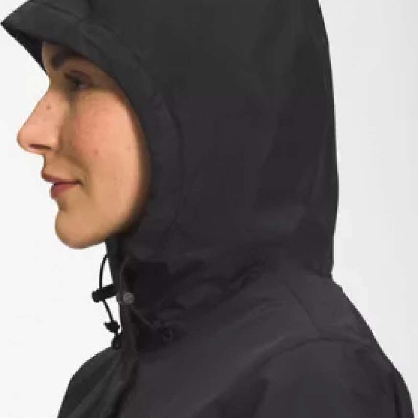 North Face Ladies Antora Triclimate Shell Jacket - A black jacket with a white logo on the left chest and a hood.