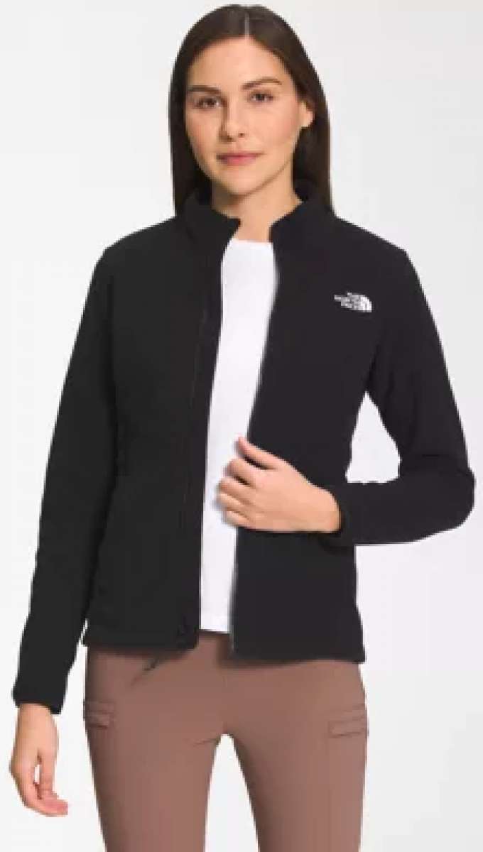 North Face Ladies Antora Triclimate Shell Jacket - A black jacket with a white logo on the left chest and a zipper down the front.