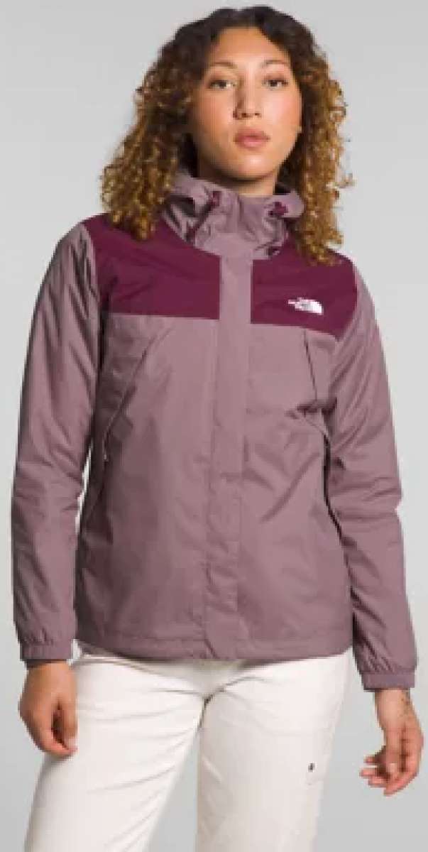 North Face Ladies Antora Triclimate Shell Jacket - A three-in-one jacket with a black shell, light gray zip-up liner, and darker gray removable hood.