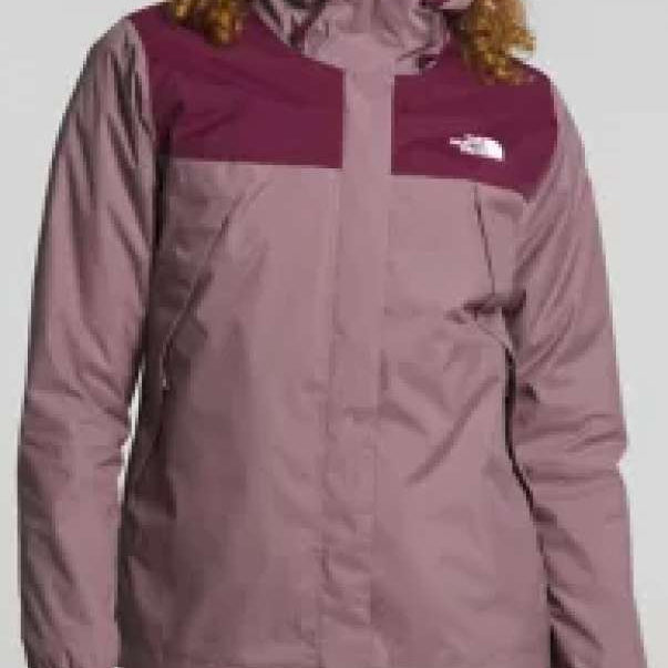 North Face Ladies Antora Triclimate Shell Jacket - A three-in-one jacket with a black shell, light gray zip-up liner, and darker gray removable hood.