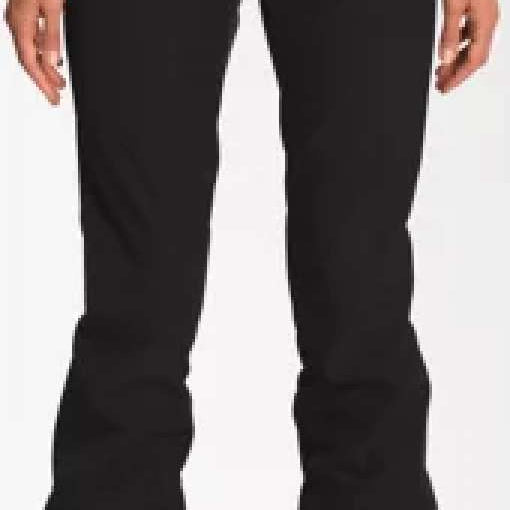 North Face Ladies Apex Stretch Soft-Shell Pants Tall - Black pants with a subtle sheen, featuring a zippered pocket on the right thigh and a stretchy waistband.