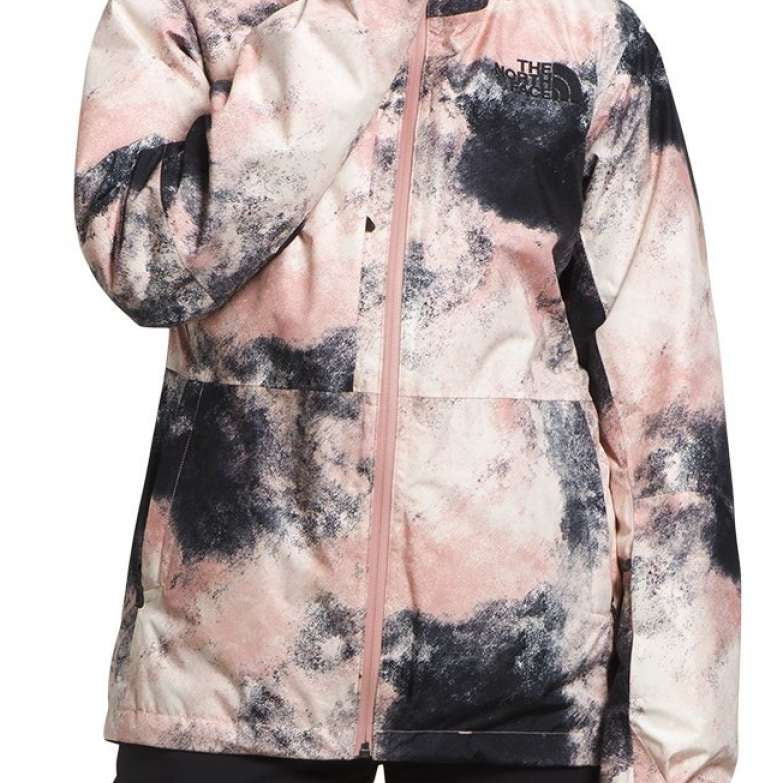 North Face Ladies Thermal Eco Snow Triclimate Jacket 2024 - A pink and black jacket with a hood, featuring a logo on the left chest area.