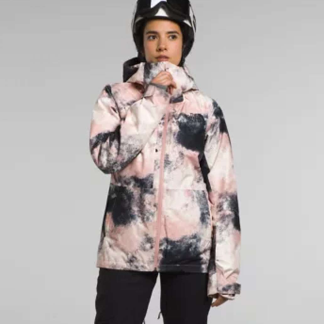 North Face Ladies Thermal Eco Snow Triclimate Jacket - A pink and black snow jacket with a hood, featuring a white logo on the left chest area.