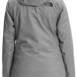 North Face Women's Thermoball Eco Triclimate Jacket 2022-2023 - A heathered grey jacket with a hood, featuring a prominent black logo on the upper back.