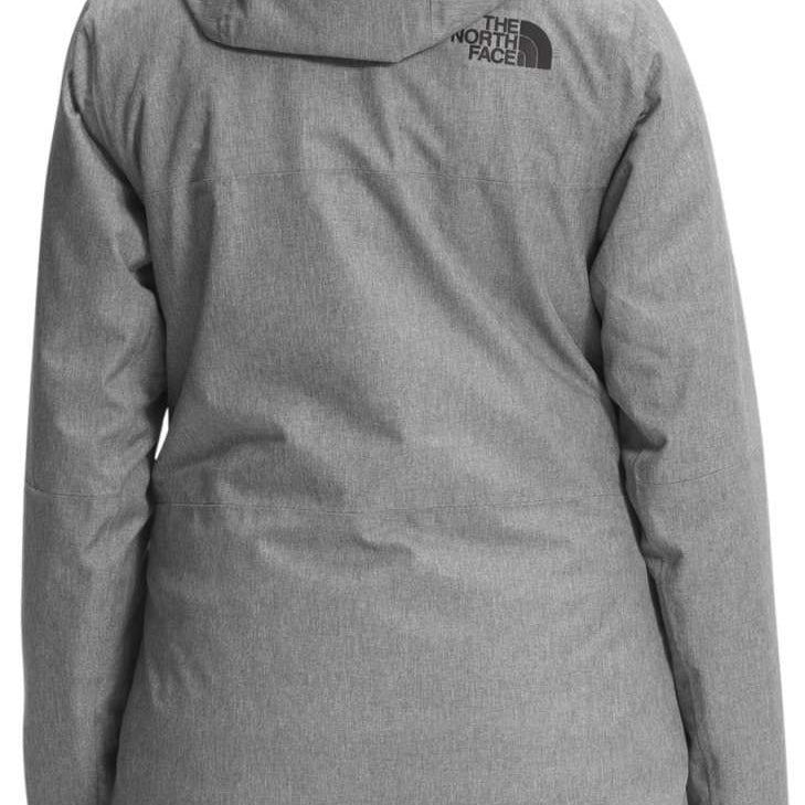 North Face Women's Thermoball Eco Triclimate Jacket 2022-2023 - A heathered grey jacket with a hood, featuring a prominent black logo on the upper back.
