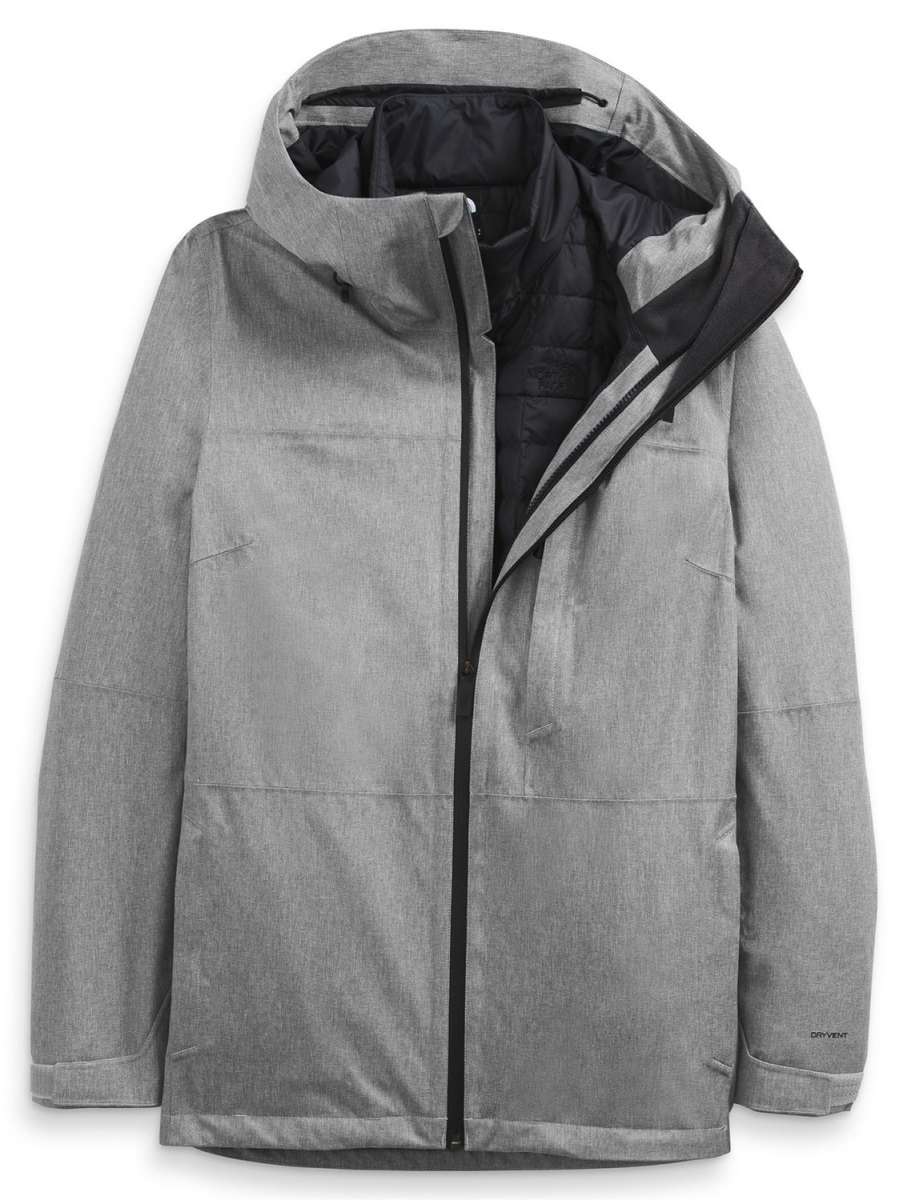 North Face Women's Thermoball Eco Triclimate Jacket 2022-2023 - A light gray jacket with a hood, featuring a zipper down the front and two pockets on either side.
