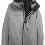 North Face Women's Thermoball Eco Triclimate Jacket 2022-2023 - A light gray jacket with a hood, featuring a zipper down the front and two pockets on either side.
