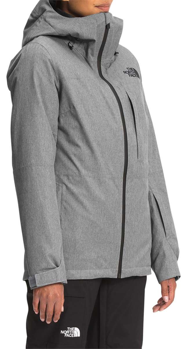 North Face Women's Thermoball Eco Triclimate Jacket - A heathered grey jacket with a black zipper and logo on the left chest.