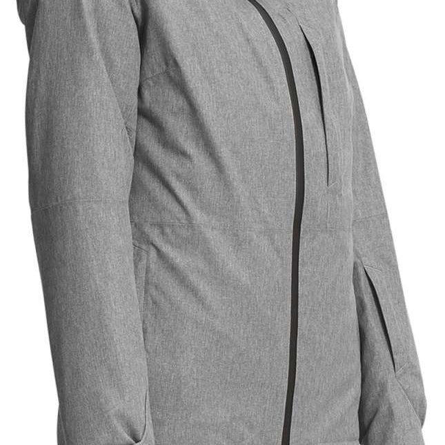 North Face Women's Thermoball Eco Triclimate Jacket - A heathered grey jacket with a black zipper and logo on the left chest.