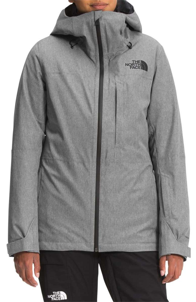 North Face Women's Thermoball Eco Triclimate Jacket - A heathered grey jacket with a black zipper and logo on the left chest.