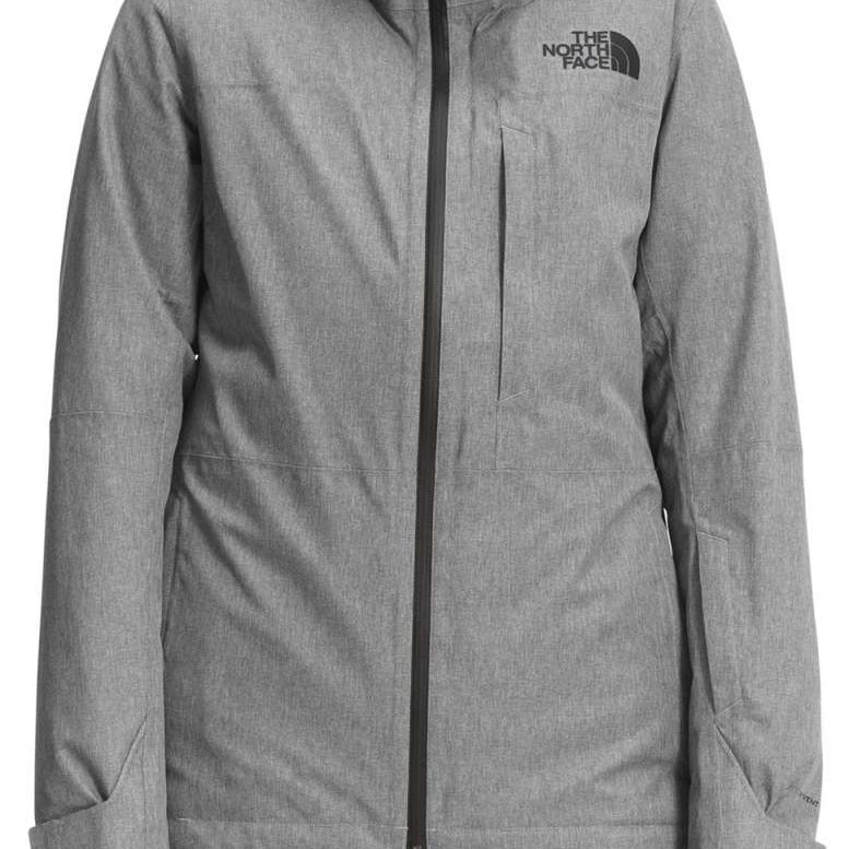 North Face Women's Thermoball Eco Triclimate Jacket - A heathered grey jacket with a black zipper and logo on the left chest.