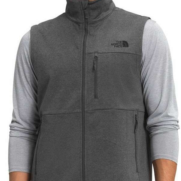 North Face Apex Canyonwall Vest - A dark gray fleece vest with a zippered chest pocket and black logo on the left side of the chest.