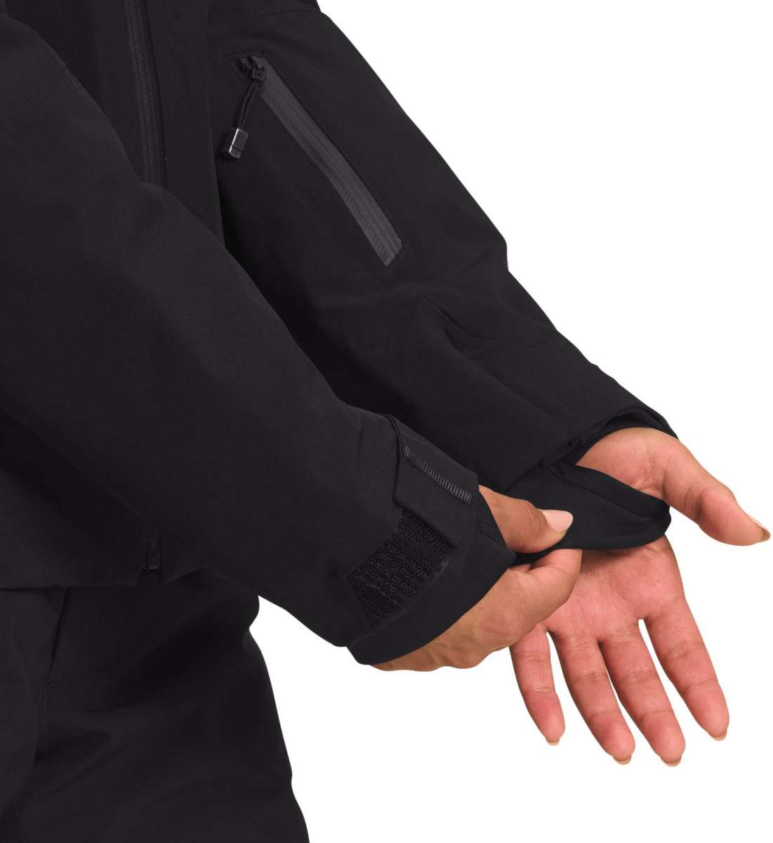 North Face Women's Inclination Shell Jacket 2022-2023 - A black jacket with a zippered pocket on the upper right side and a zippered chest pocket.