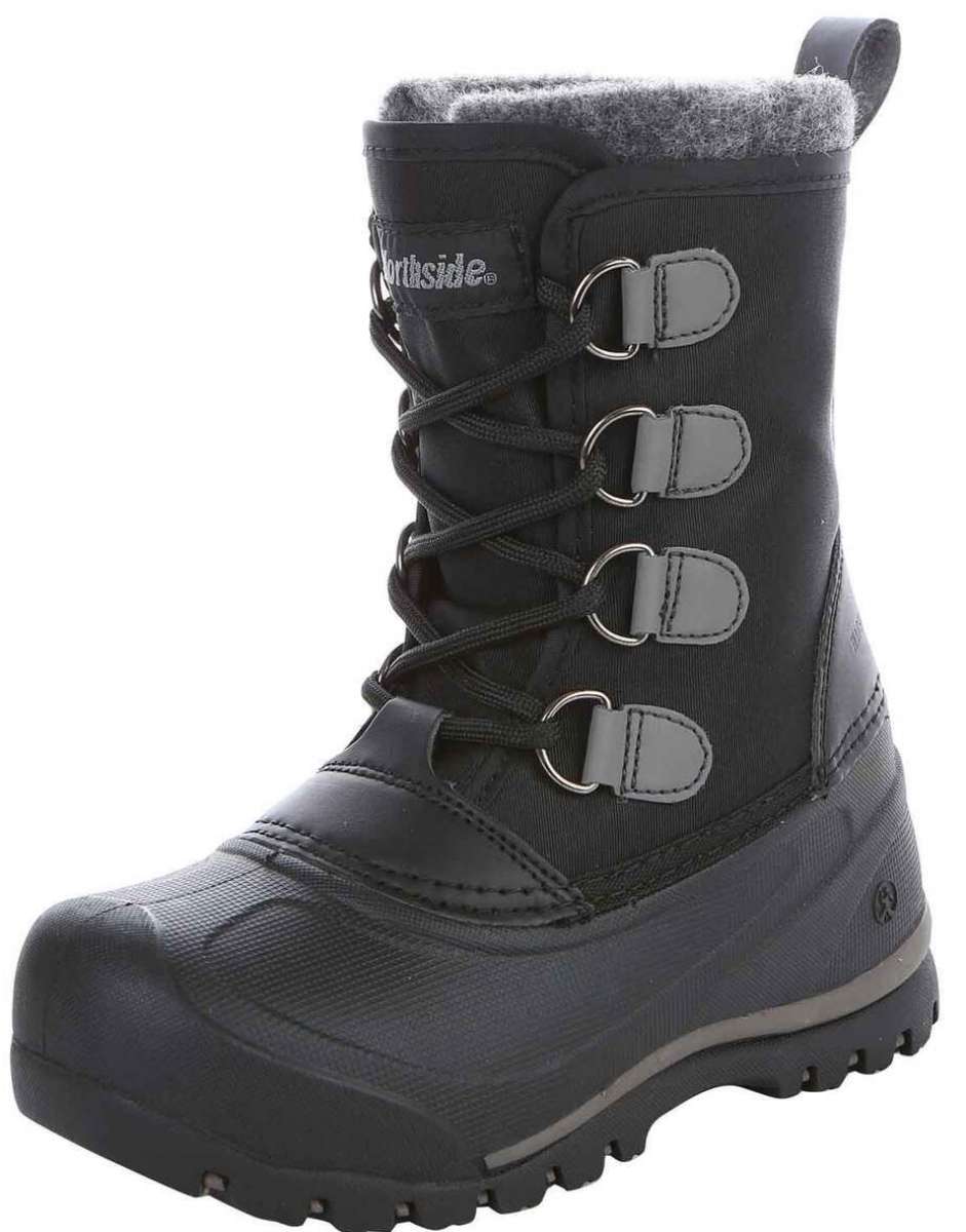 Northside Kids Back Country Insulated Boot 2024 - A black insulated boot with gray accents and a gray fuzzy top edge.