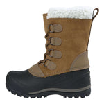 Northside Kids Back Country Insulated Boot 2024 - A brown suede boot with a white faux-fur trim and laces, featuring a black rubber sole.