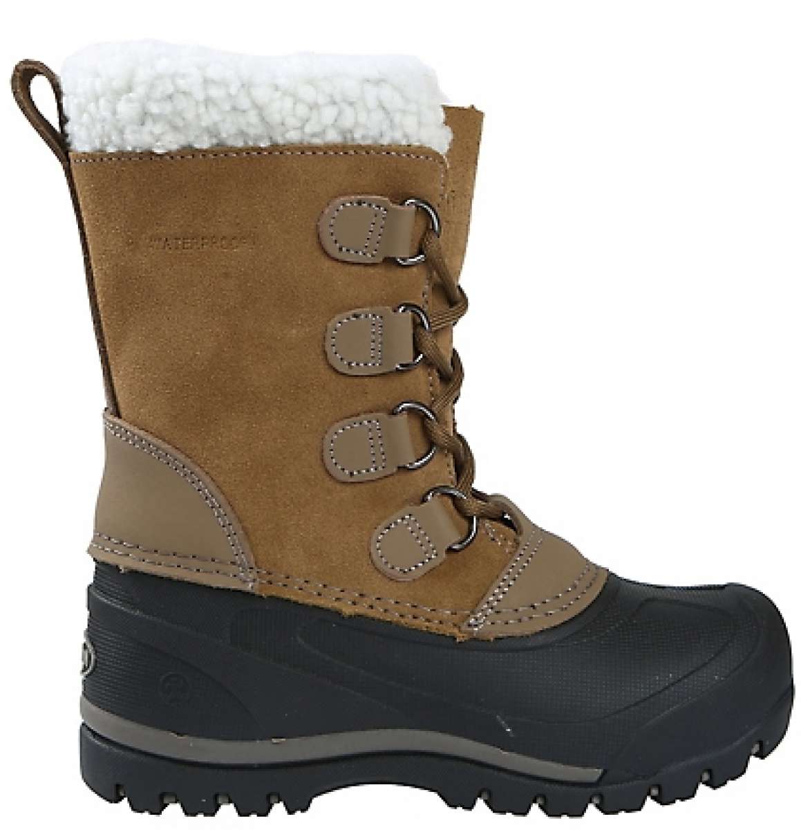 Northside Back Country insulated Boot 2024 - A tan suede boot with a white faux-fur trim at the top and brown laces.