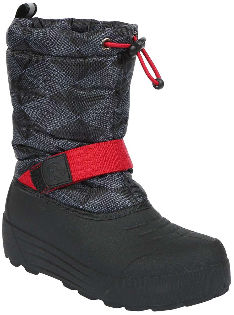 Northside Boys Frosty Insulated Snow Boot 2024 - Black snow boot with a geometric pattern on the upper portion and a red strap around the ankle.