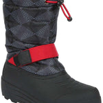 Northside Boys Frosty Insulated Snow Boot 2024 - Black snow boot with a geometric pattern on the upper portion and a red strap around the ankle.