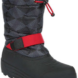 Northside Boys Frosty Insulated Snow Boot 2024 - Black snow boot with a geometric pattern on the upper portion and a red strap around the ankle.