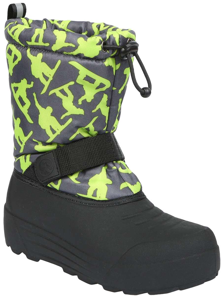 Northside Boys Frosty Insulated Snow Boot 2024 - A gray snow boot with a green and black pattern of skiers and snowboarders.