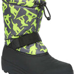 Northside Boys Frosty Insulated Snow Boot 2024 - A gray snow boot with a green and black pattern of skiers and snowboarders.