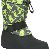 Northside Boys Frosty Insulated Snow Boot 2024 - A gray snow boot with a green and black pattern of skiers and snowboarders.