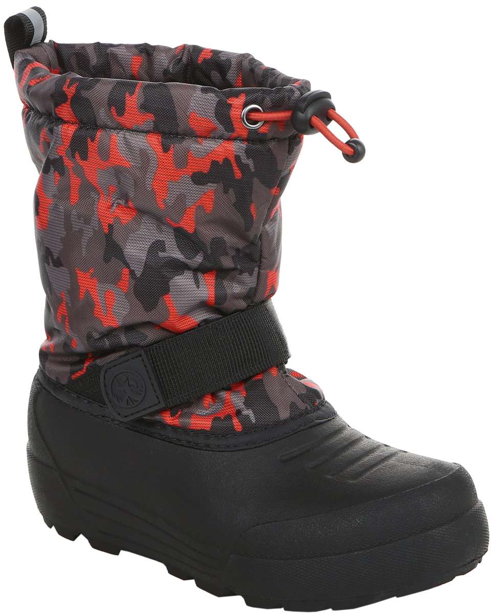 Northside Boys Frosty Insulated Snow Boot 2024 - A pair of black boots with red accents and a camouflage pattern on the upper portion.