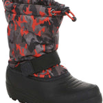 Northside Boys Frosty Insulated Snow Boot 2024 - A pair of black boots with red accents and a camouflage pattern on the upper portion.