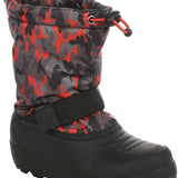 Northside Boys Frosty Insulated Snow Boot 2024 - A pair of black boots with red accents and a camouflage pattern on the upper portion.