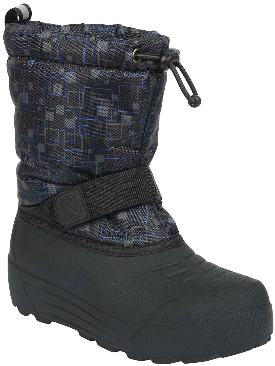 Northside Boys Frosty Insulated Snow Boot 2024 - Black snow boot with a blue geometric pattern on the upper portion and a black strap with a circular logo buckle.