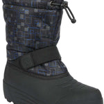 Northside Boys Frosty Insulated Snow Boot 2024 - Black snow boot with a blue geometric pattern on the upper portion and a black strap with a circular logo buckle.
